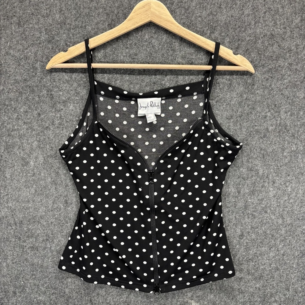 Vintage Y2K Joseph Ribkoff Tank Top Womens 6 Polka Dot Black Zipper Front 90s